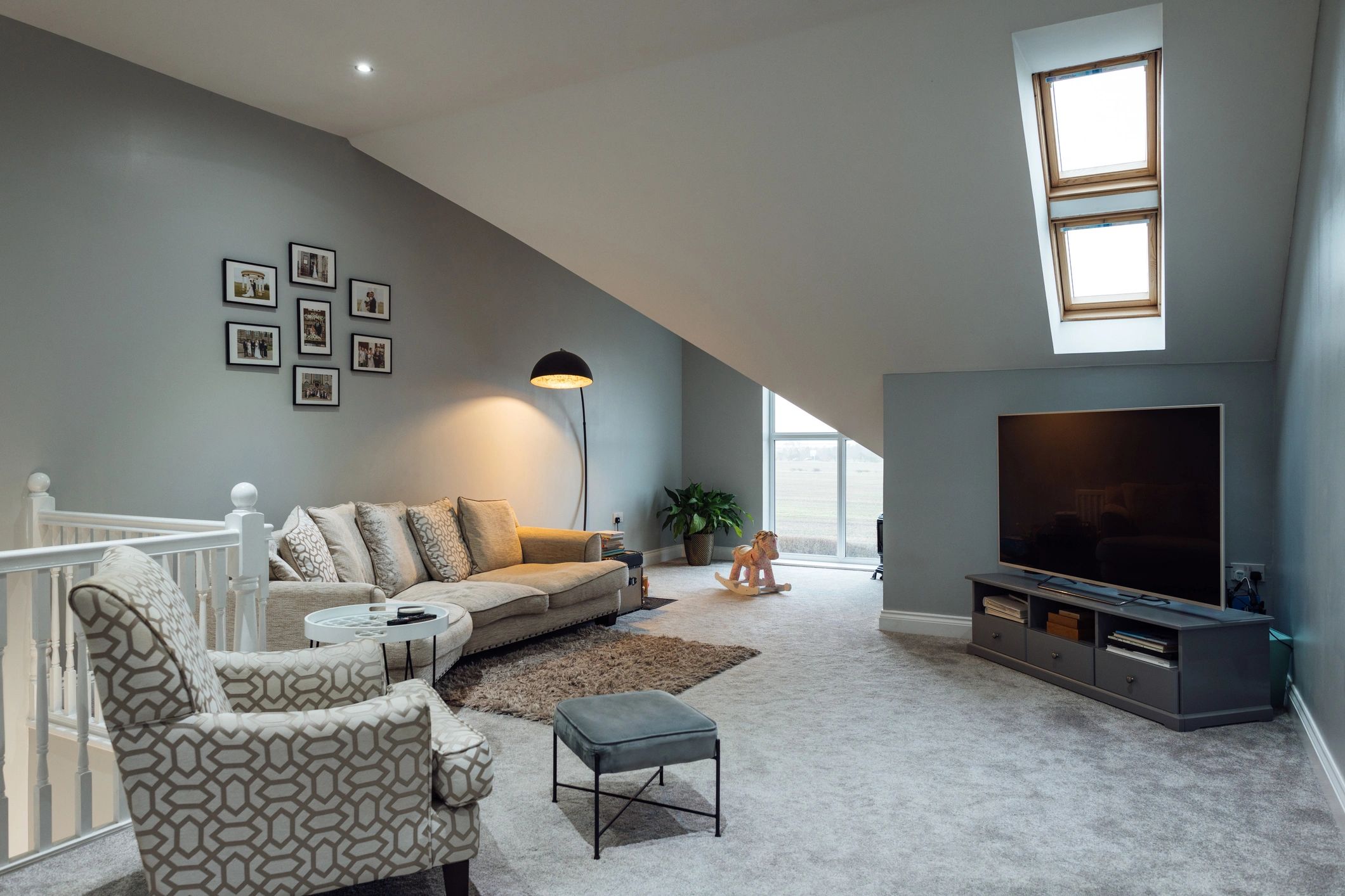 Finished lower-level family room with modern residential design